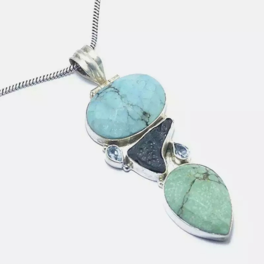 New Turquoise and Multi Gemstone Silver Pendant.
